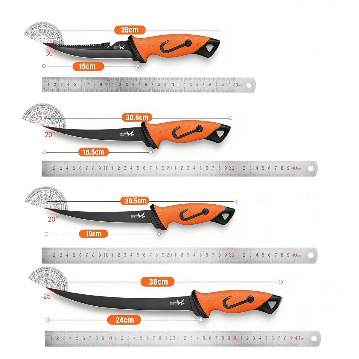Fillet Knife Set 4-Piece – 5Cr15MoV Stainless Steel Fishing Fillet Knives (5", 6", 7", 9"), Non-Slip Rubber Handle, Serrated Bait Knife, Individual Sheaths & Storage Bag, Ideal Fishing Gift for Men