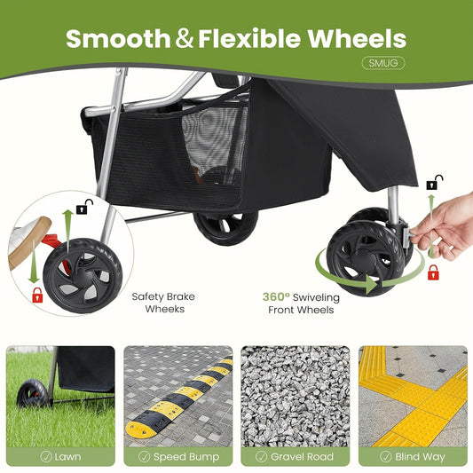 Pet Stroller with Weather Cover, Foldable 3-Wheel Design and Storage Basket, Black