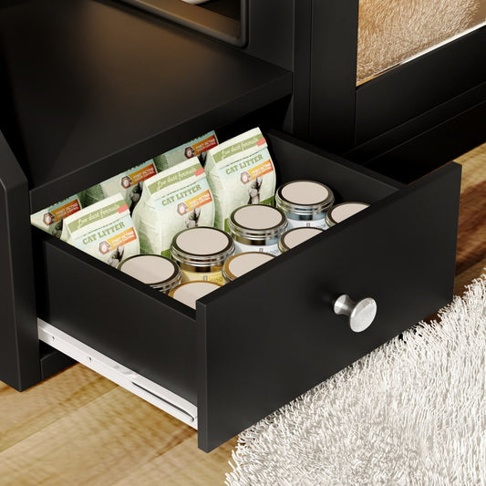 Cat Litter Box Enclosure Cabinet with LED Light, 2 Drawers and Side Steps