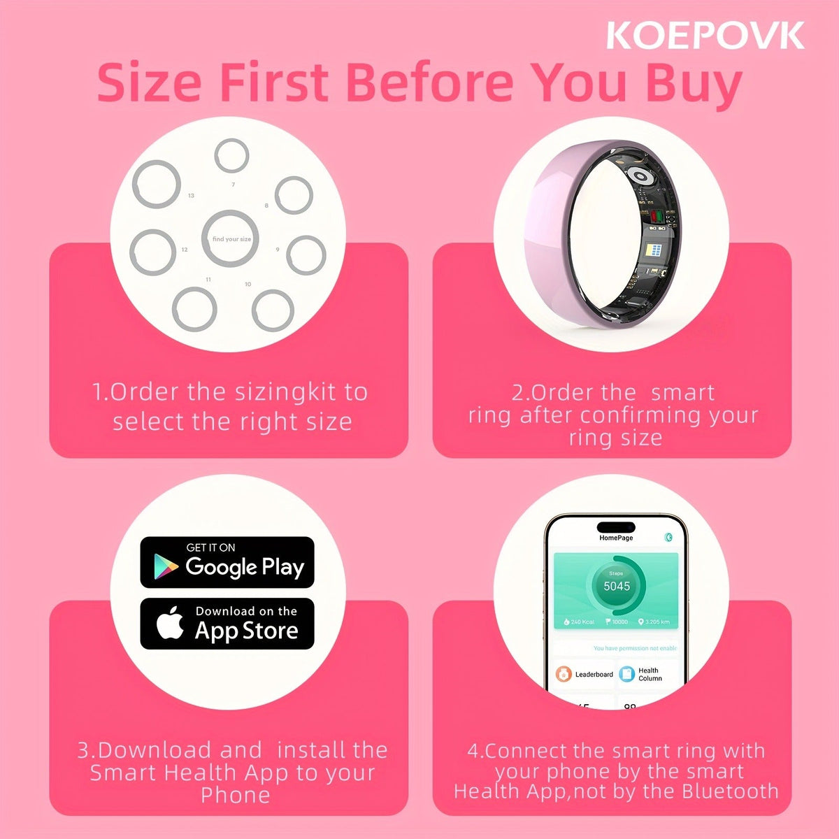 Fitness Tracker Smart Ring – IP68 Waterproof, Sleep & Step Monitor, Crystal Charging Case, Stainless Steel | Men & Women Sizes 7–13
