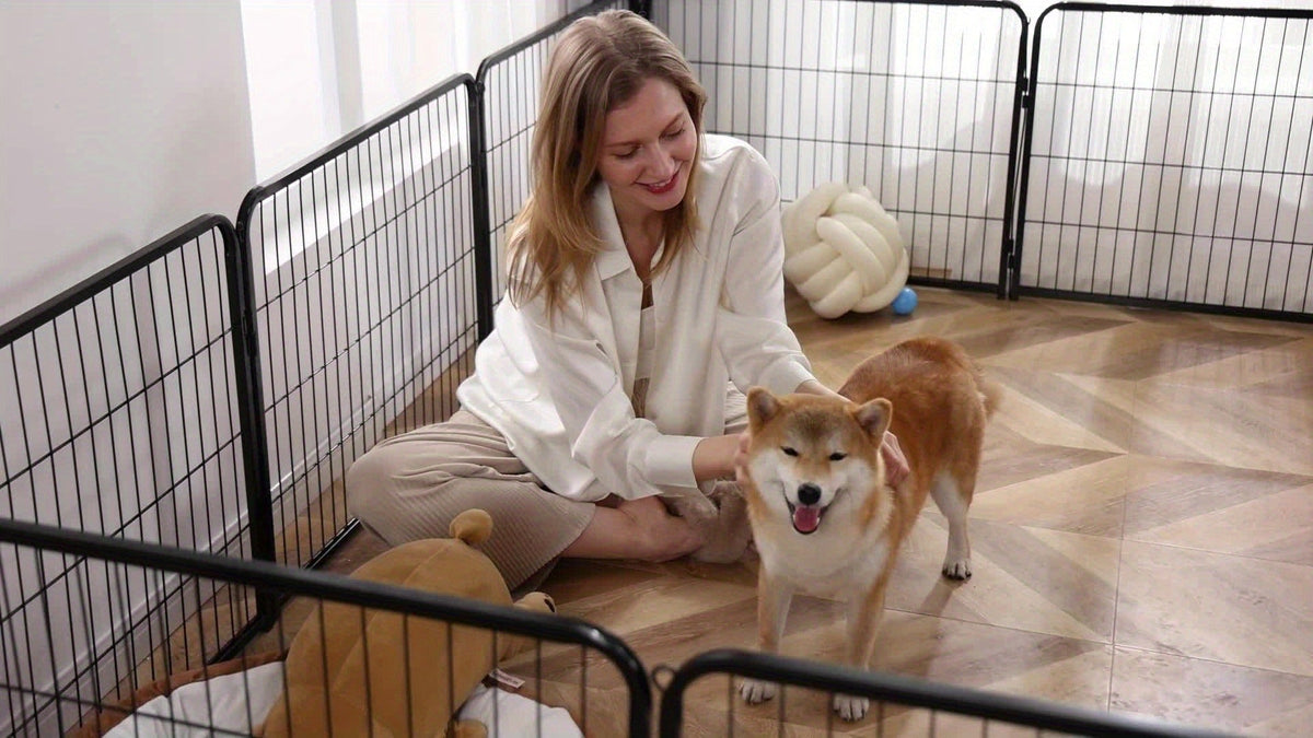 Metal Dog Playpen with Door DIY 8 or 16 Panel Foldable Pet Pen for Small Medium Large Dogs Puppies Easy Assemble Indoor Outdoor Use 24 32 40 Inch Height