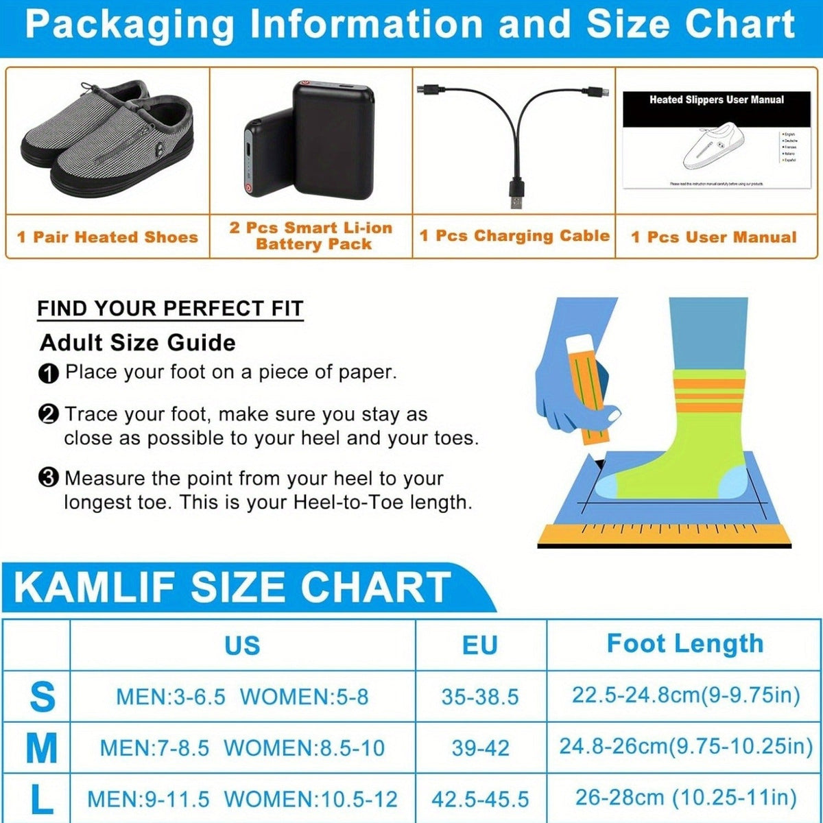 Heated Slippers for Men & Women with 5000mAh Battery - Electric Foot Warmer Shoes, Carbon Fiber Heating, 3 Heat Settings, 6-8 Hour Battery Life, Indoor Outdoor Plush House Slippers, M & L