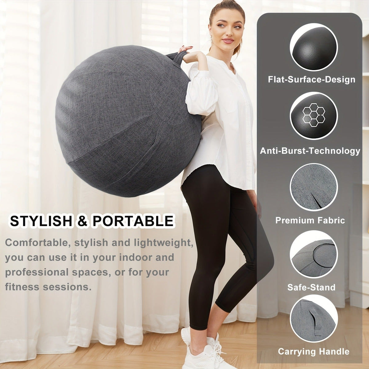 Exercise Ball Chair 65cm with Fabric Cover – Stability Balance Ball Seat for Home Office Desk, Yoga Pilates Birthing Ball, Relieves Back Pain & Improves Posture, Grey & Black, Anti-Burst Design