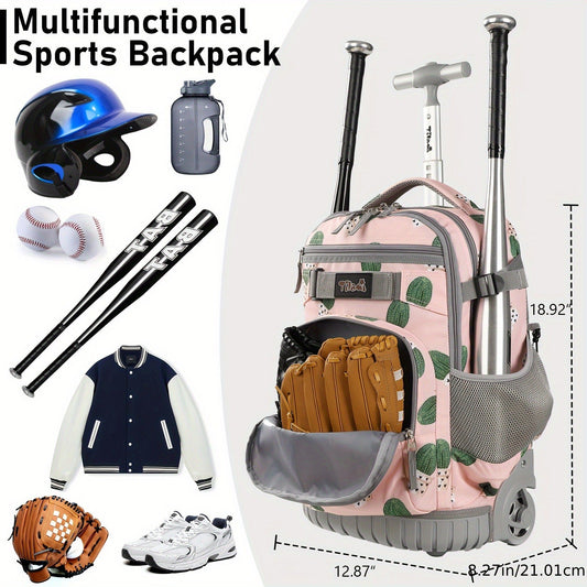 Wheeled Sports Backpack with Multiple Pockets for Baseball, Softball & Soccer