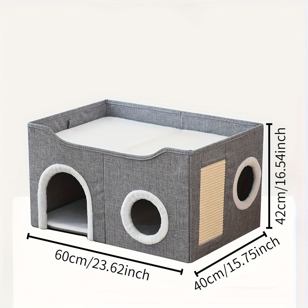 Multi-Tier Cat House & Indoor Cat Cube Bed - Foldable 2-Level Cat Tree with Scratching Post, Toy Tunnel & Plush Hanging Ball, Space-Saving Nylon Canvas Cat Furniture 16.5x16.5x13in for Small Spaces