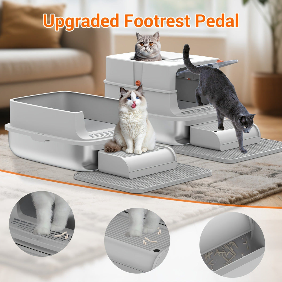 Stainless Steel Cat Litter Box with Lid - Extra Large 68L Enclosed & Semi-Open Modular System, 304 Steel Non-Stick Easy Clean, Charcoal Filter, Litter Mat & Scoop Included, Indoor XL Pet Toilet