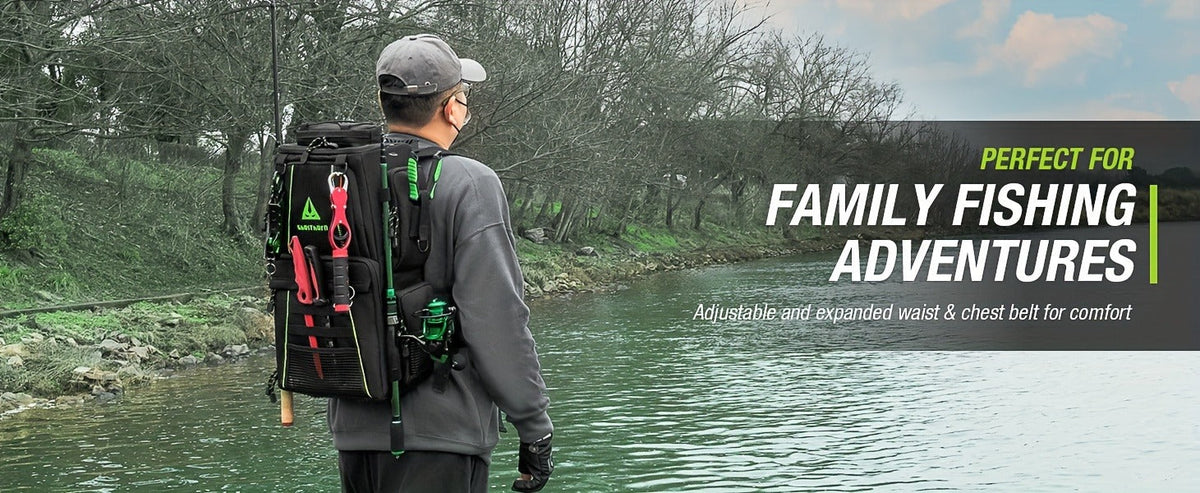 Large Fishing Tackle Bag with 4 Tackle Boxes – 43L Backpack with Rod Holder, Detachable Waist Pack & Gear Storage for Men Women | Black, Khaki & Camo
