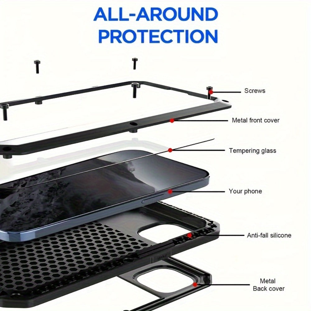 Heavy Duty iPhone Case Metal Frame Built-in Glass Screen Protector Dustproof Shockproof Full Body for iPhone 16 Pro 16 Plus 16 15 Pro Max 15 Pro 15 Plus 14 Pro 13 Pro Max 13 12 11 – Military Grade