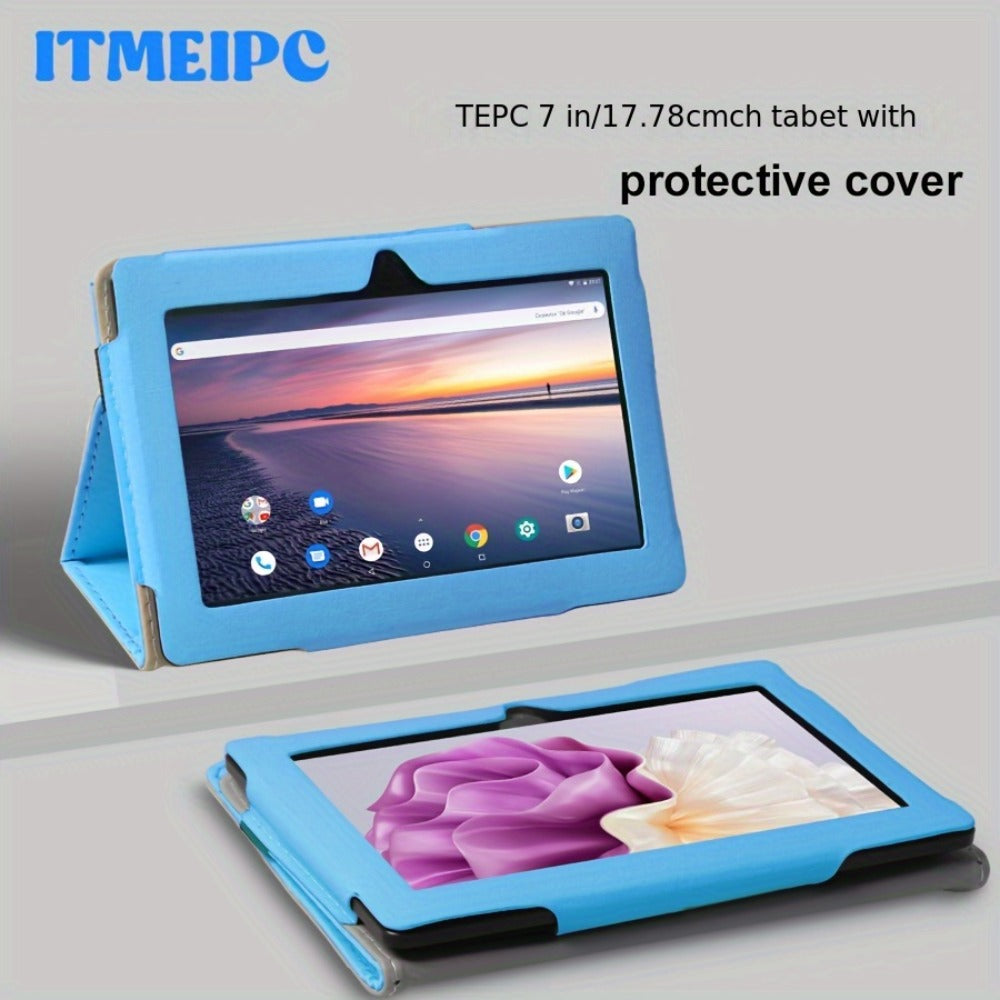 USB-C Android 14 Tablet 7 Inch with Built-in Protective Case, 4GB RAM 32GB ROM Expandable Quad-Core HD IPS Display, Dual Camera WiFi, Compact Stylish Portable Tablet for Students Teens Adults – Blue Yellow Black Pink