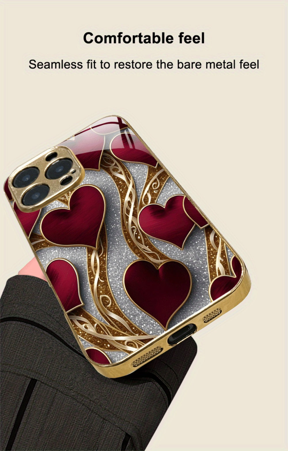 Golden Heart Phone Case Luxury Aesthetic Slim Fit iPhone 17 16 15 14 13 12 11 Pro Max Plus XS XR Samsung Galaxy S25 S24 S23 S22 A-Series Cute Girly Gift Cover Red Gold Design