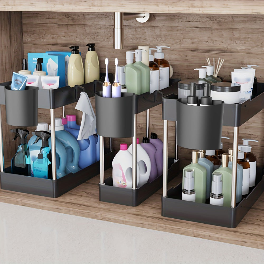 Under Sink Organizer 3-Pack 2-Tier Storage Rack – Bathroom Cabinet Organizer for Toiletries Cleaning Supplies Kitchen Spices