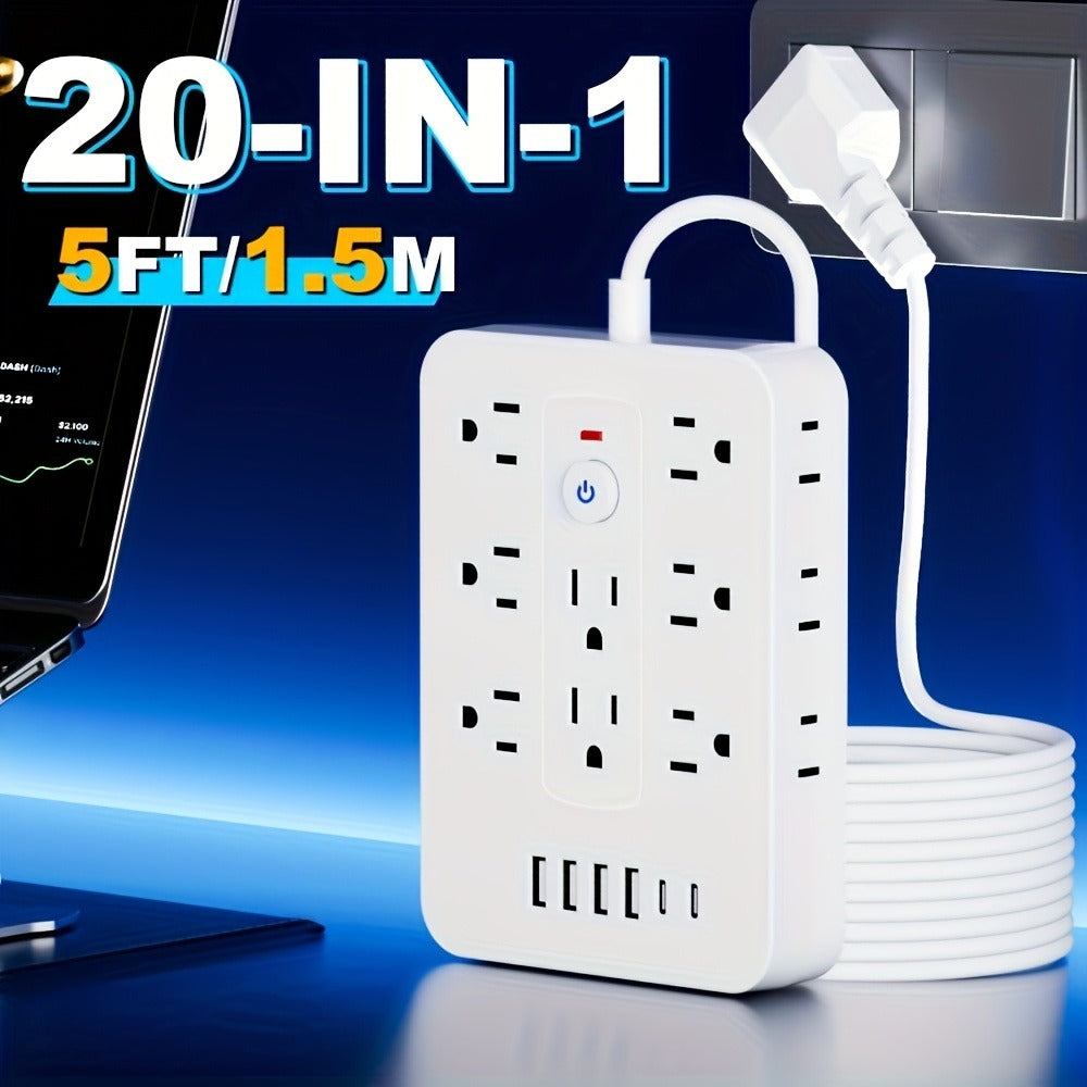 Compact Flat Plug Power Strip 20-in-1, 14 AC Outlets & 6 USB Ports (4 USB-A + 2 USB-C), Lightning Surge Protection, Space-Saving Extension Cord for Home Travel Office Kitchen – Overload Protection