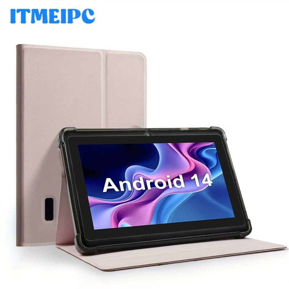 ITMEIPC 7 Inch Android 14 Tablet 4GB RAM 32GB ROM with Protective Case, Overclocked Quad-Core Processor, HD IPS Display, Dual Camera, Memory Card Support, Lightweight Portable Tablet for Work Study Reading Entertainment