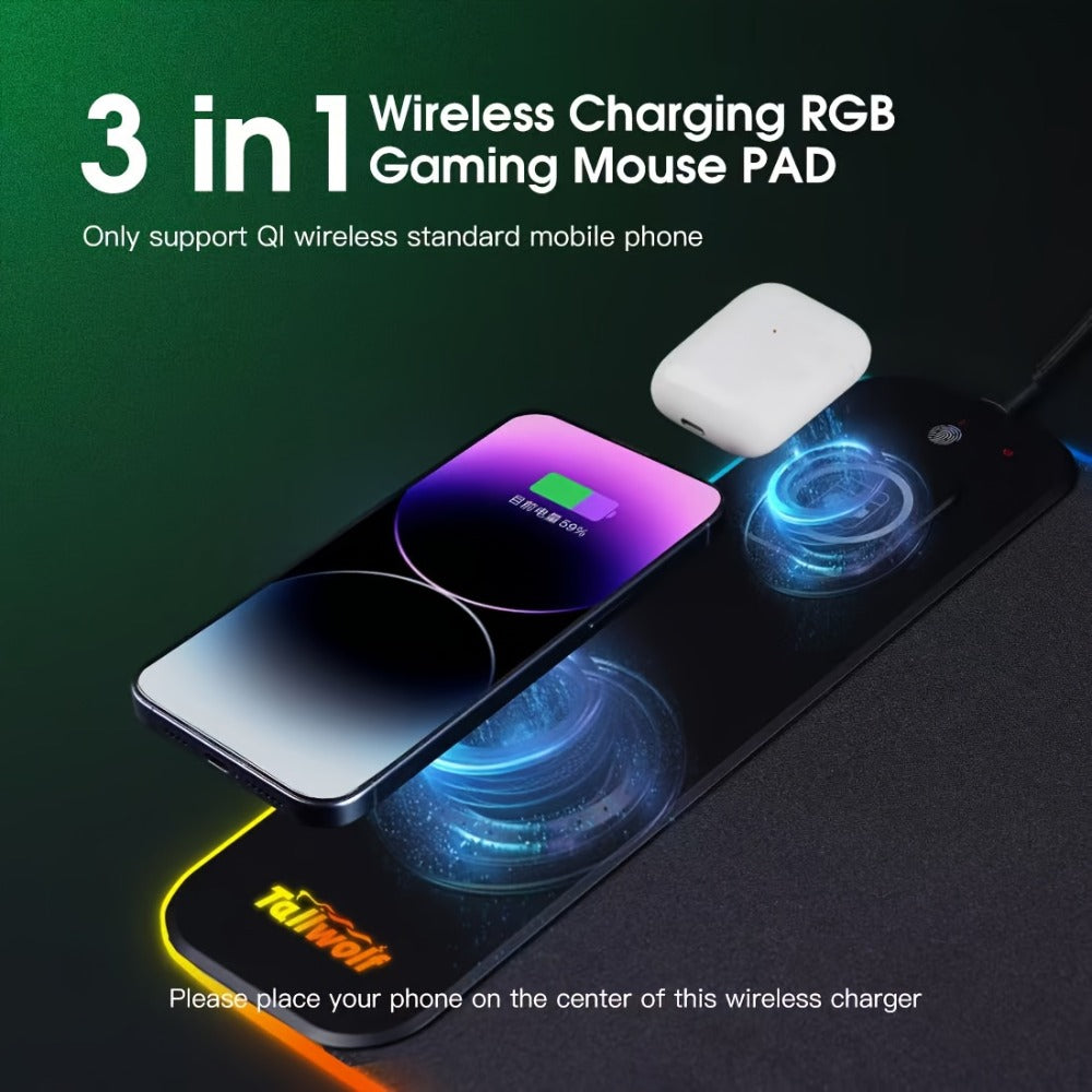 3-in-1 Wireless Charging Mouse Pad RGB – 15W Qi Charger for Phone, Watch & Mouse, 10 LED Modes, Magnetic Rechargeable Mouse Included, 800×300mm Extended Gaming Desk Mat