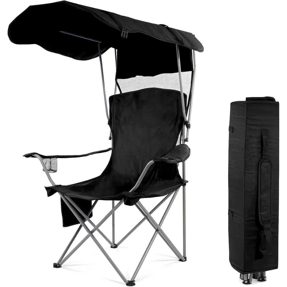 Folding Camping Chair with Sunshade Canopy, Heavy Duty Portable Outdoor Chair with Armrests Cup Holder & Carry Bag for Beach Fishing Picnic Sports