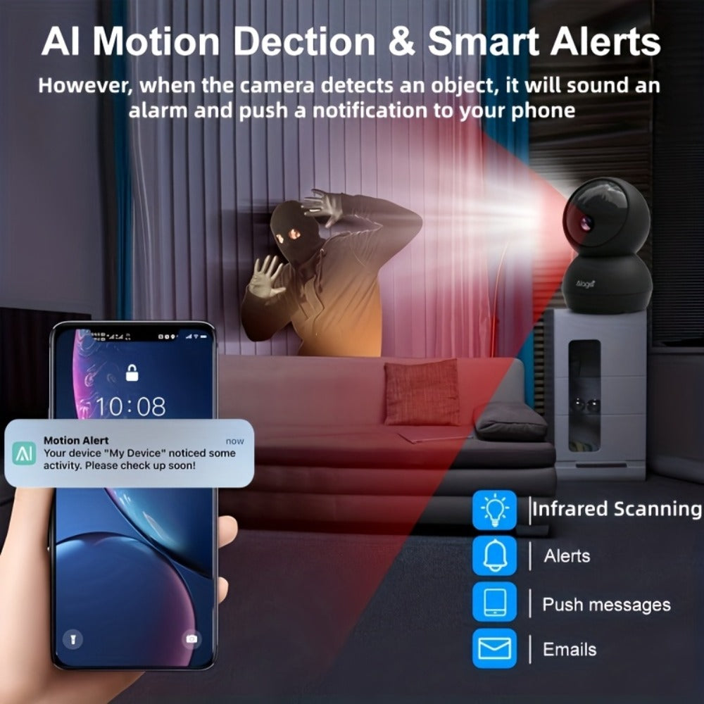 2K 4MP Indoor Security Camera 360° Full View, Dual Band 5G/2.4G WiFi, AI Motion Detection, Night Vision, Two-Way Audio, App Monitoring – Home & Office Surveillance