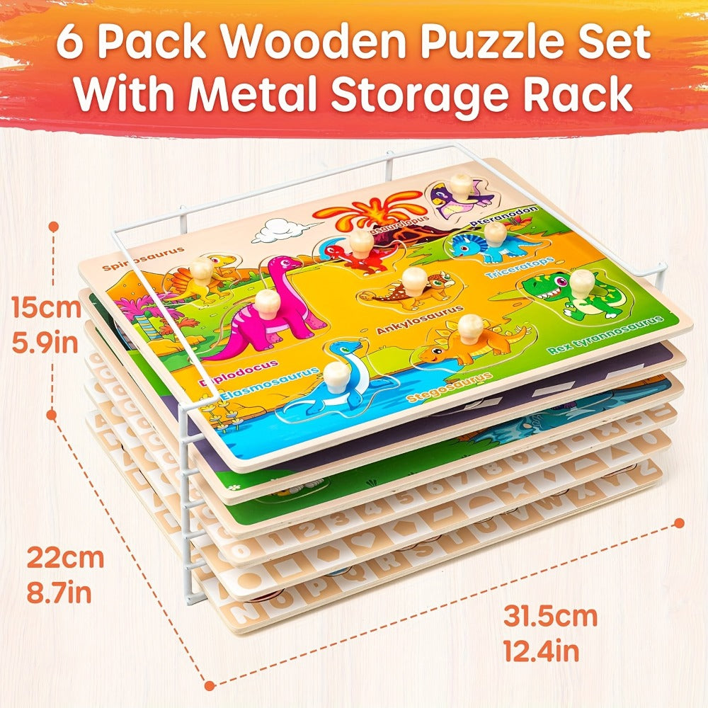 Wooden Toddler Puzzle Set with Storage Rack, Two Theme Options