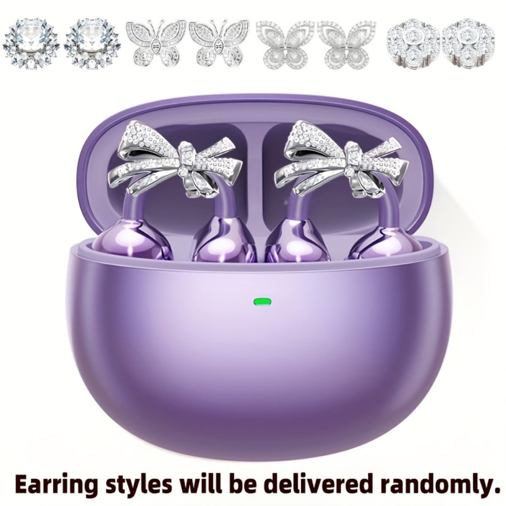 Clip On Wireless Earbuds Open Ear Bluetooth Headphones with Detachable Gemstone Earrings ANC Noise Reduction HD Stereo Hands-Free for Sports Exercise Work Study Outdoors