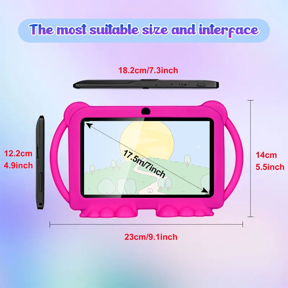 Educational Kids Tablet 7 Inch Android 14, Eye Protection Screen Parental Control GMS Certified, 2GB RAM 32GB ROM 2.4G Wi-Fi, Shockproof Case Dual Camera Pre-Loaded Learning Apps & Games, Children Tablet for Ages 3-12 – Blue Red