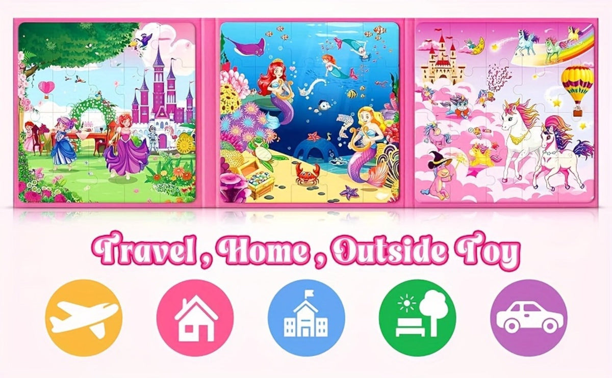 3-in-1 Magnetic Puzzle Book, Unicorn, Mermaid & Princess Themes