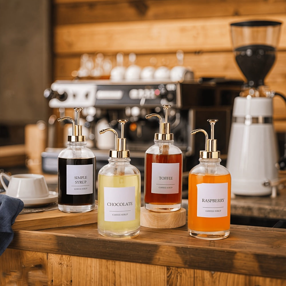Glass Syrup Dispenser with Pump 4 Pack 16.9oz 500ml Coffee Bar Accessories Set with Silicone Funnel and Labels for Simple Syrup Vanilla Caramel Sauce Condiment Honey Oil Kitchen Bar Decor