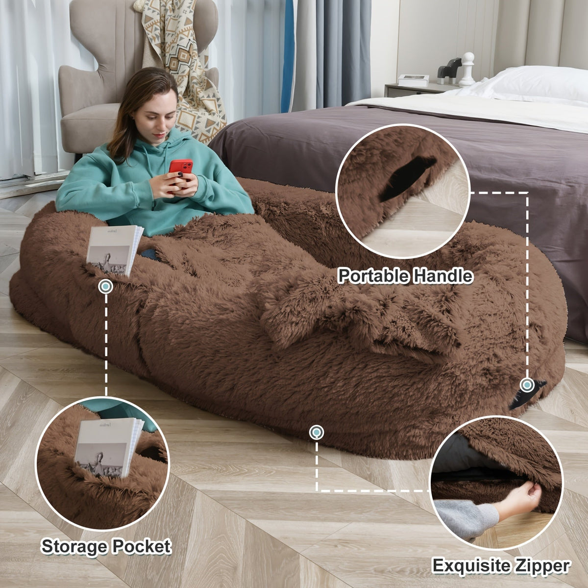 Human Dog Bed with Washable Faux Fur Cover in Two Size Options for People and Pets