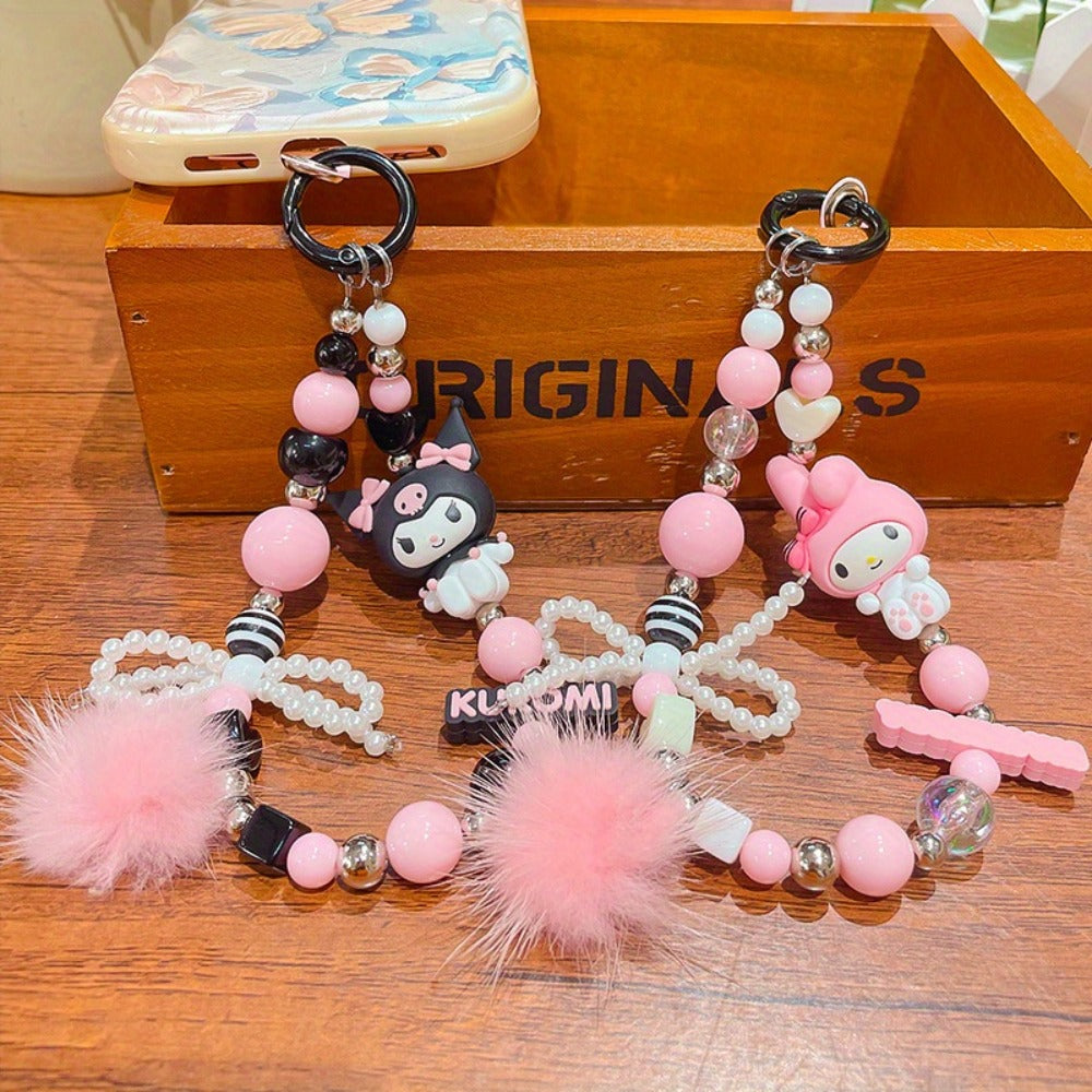 Kawaii Beaded Phone Chain Keychain Sanrio Kuromi My Melody Anime Backpack Pendant – Cute Mobile Strap Charm Accessory Gift for Girls Teens Anime Fans Collectors