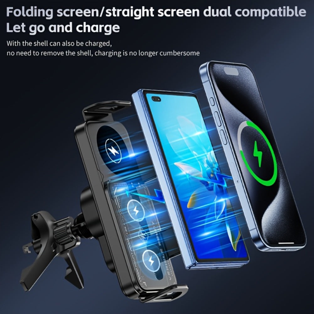 Folding Phone Dual Coil Wireless Car Charger 15W Auto-Clamping 90° Rotation – Car Mount for Samsung Galaxy Z Fold 6 5 4 3, Z Flip 5 4, iPhone 16 15 14 13 12 & Google Pixel 8 7 | Air Vent & Console Stand