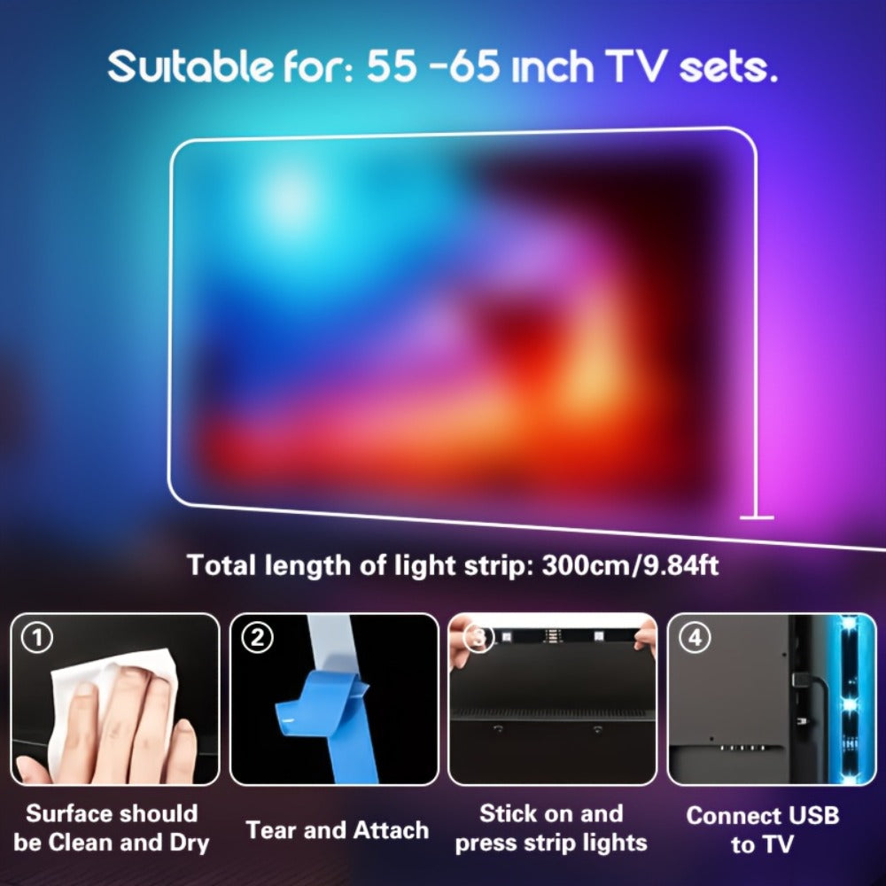 TV LED Backlight with Camera Screen Sync RGBW 5ft - Real-Time Color Matching USB Powered Ambient Bias Lighting for Smart TVs, Home Theater Gaming Video Calls Eye Strain Reduction