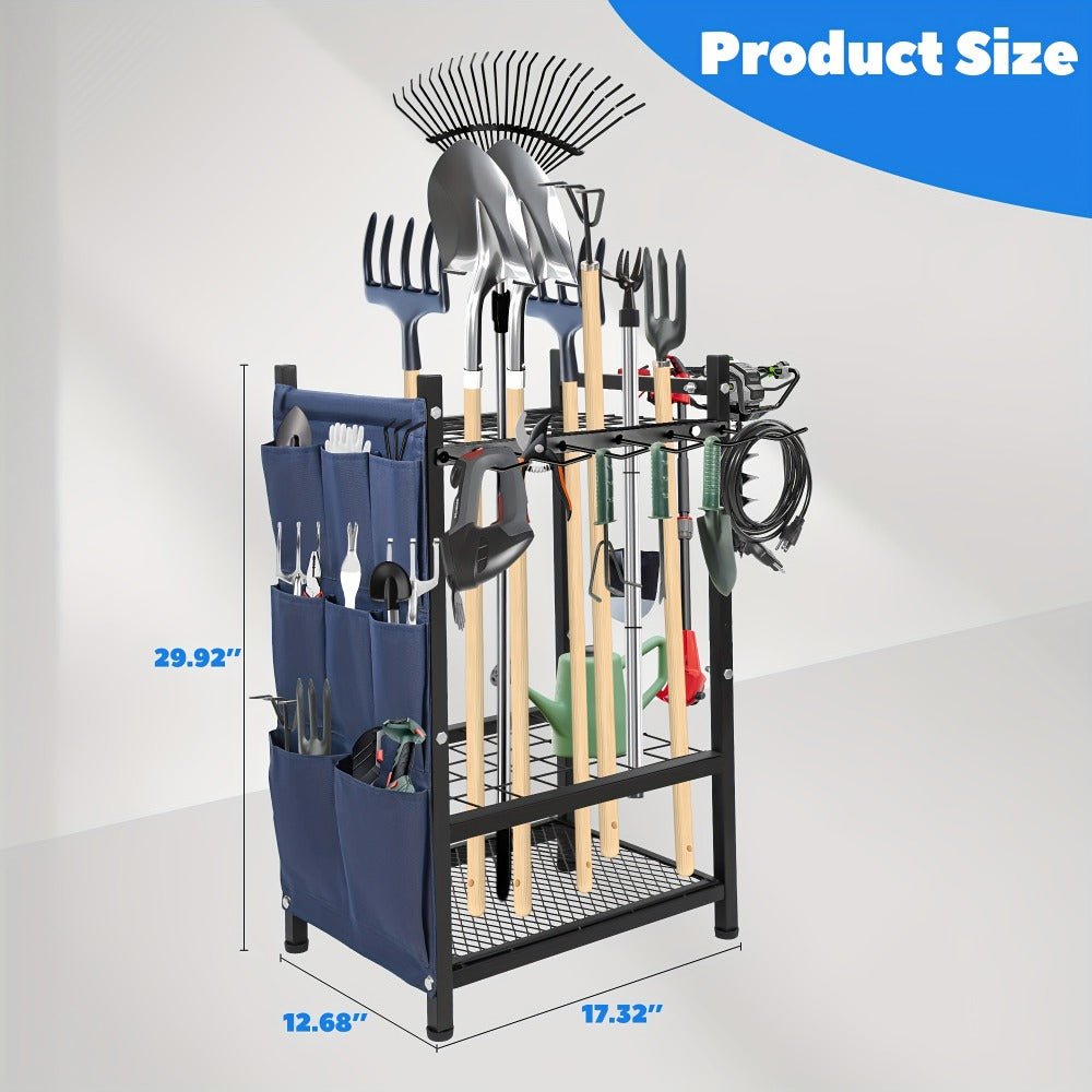 Tool Storage Rack with Storage Bag – Metal Yard Tool Organizer for Garage Holds 35 Long-Handled Tools, Broom, Shovel, Rake Stand Holder, Heavy Duty Freestanding Garden Tool Rack for Outdoor & Yard, Black