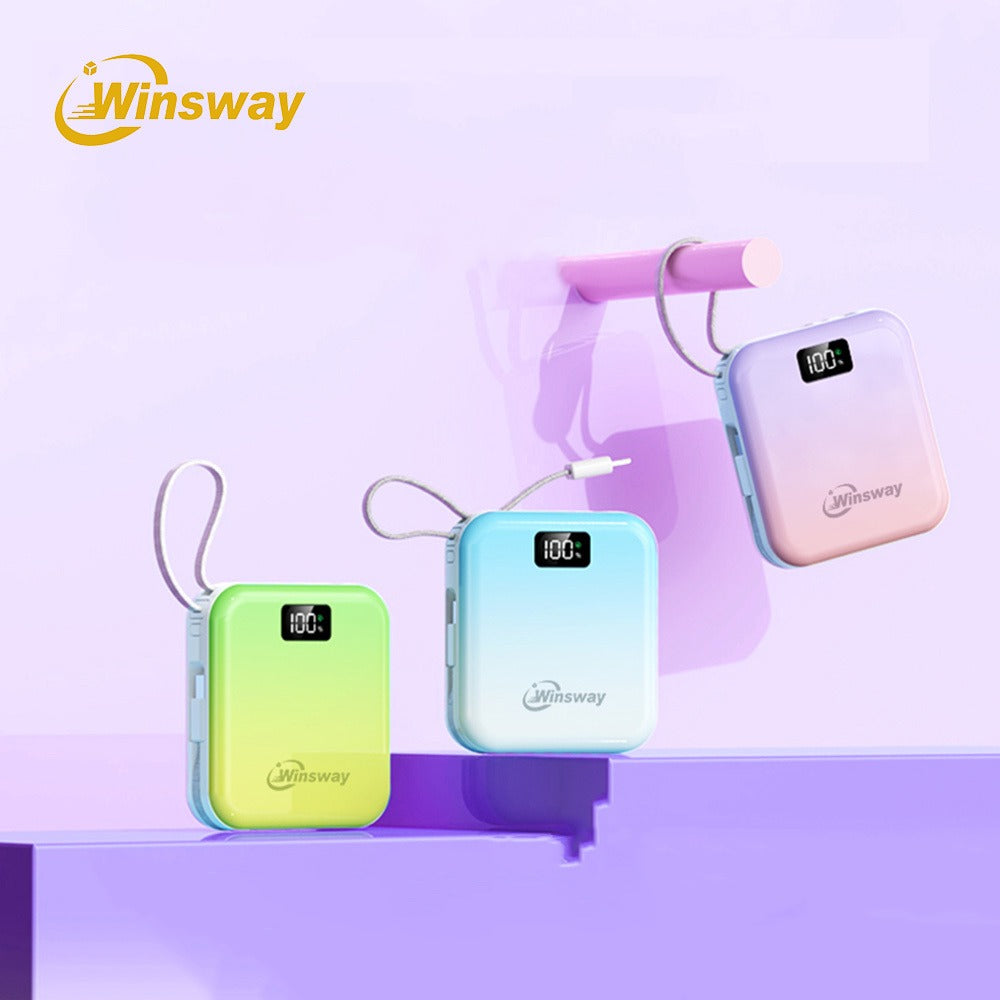 Mini Compact Power Bank 10000mAh Winsway 22.5W Fast Charging – Built-in Dual Cables USB-C & USB-A, Gradient Design, LED Display, Ultra-Lightweight Portable Charger for Travel Boarding Outdoor Gift