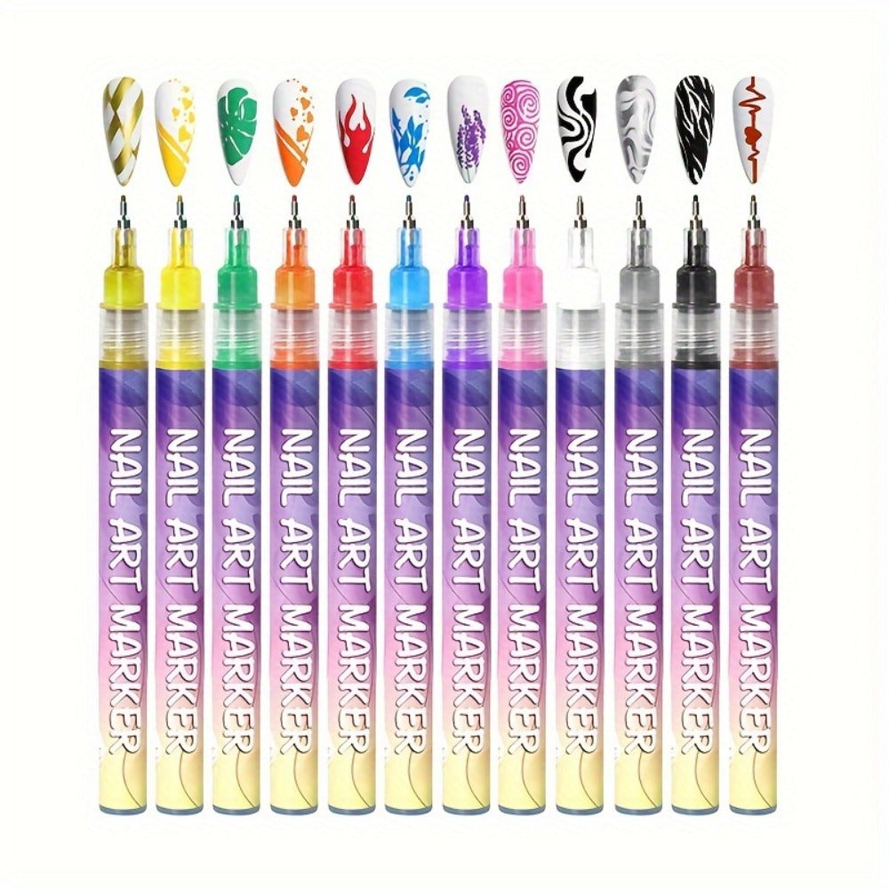 Acrylic Nail Art Pen Set 12 Colors 3D Doodle & Dot Stitching Pens – Quick Drying Precision Fine Tip for Professional Home Salon Nail Design, Long Lasting Vibrant Pigment