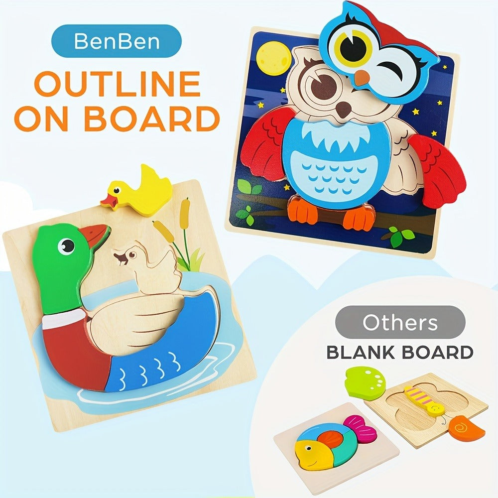 Wooden Animal Puzzles for Toddlers 12 Months+, 8-Pack with Bear, Bunny, Owl, Duck & More