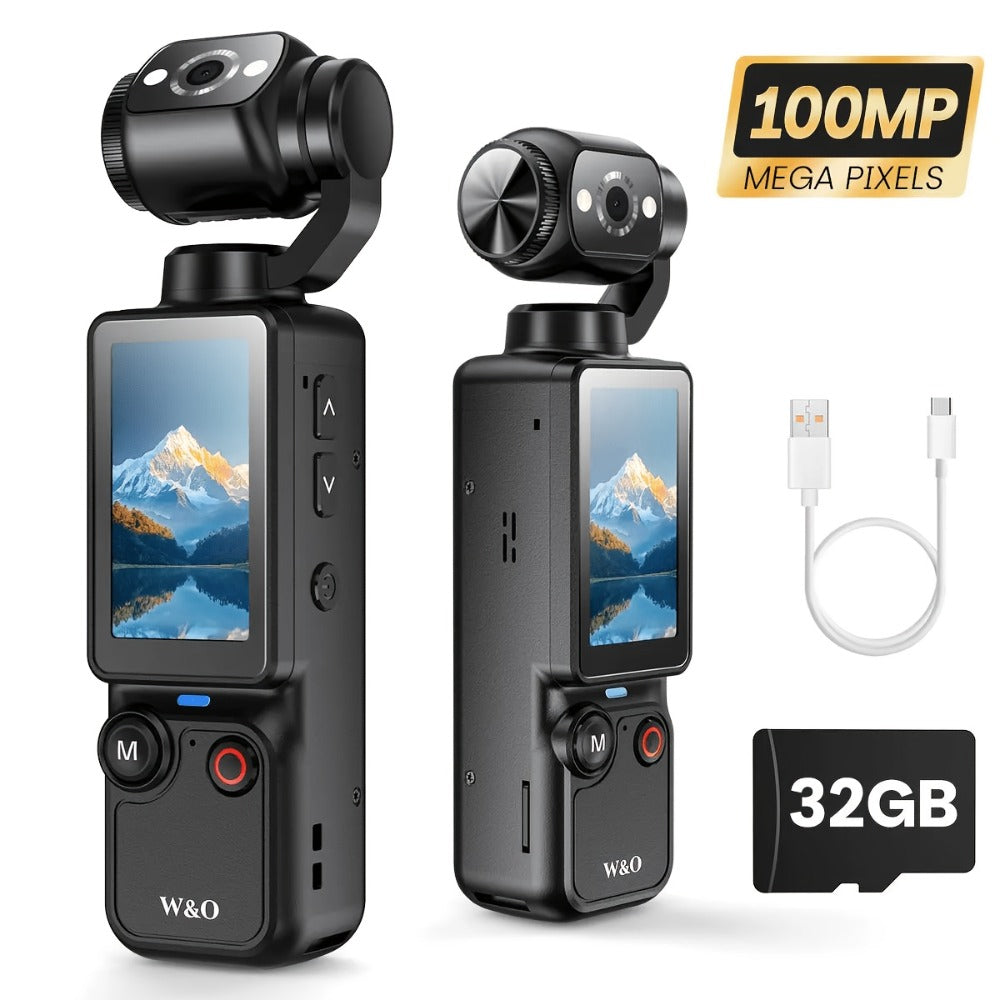 W&O Pocket Camera with Webcam Function | 1.9" Screen, 180° Rotating Shot, 2000mAh Battery, USB-C Charging, 32G Card, Outdoor Sports Cam for Cycling, Travel & Personal Use – Birthday & Christmas Gift