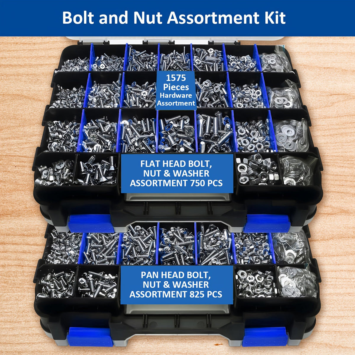 1575pcs 304 Stainless Steel Nuts and Bolts Assortment Kit – Pan Head Flat Head Screws Nuts Washers with Double-Sided Storage Box for Home & Mechanical Repairs