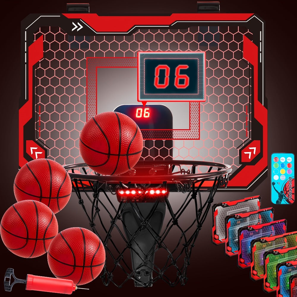 Over-the-Door Indoor Basketball Hoop with Light-Up Scoreboard, Red