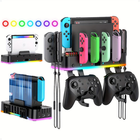 Nintendo Switch RGB Wall Mount with Charger – Switch/OLED Holder, 4 Controller Charger, 10 Card Slots, 15 RGB Light Modes, 2 USB Ports, Gaming Accessories Organizer Station