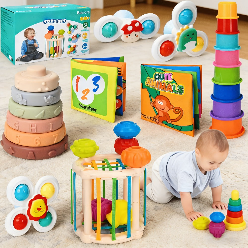 3-in-1 Baby Sensory Toy Set, Stacking Cups, Spinning Top & Cloth Book