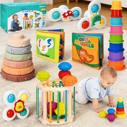3-in-1 Baby Sensory Toy Set, Stacking Cups, Spinning Top & Cloth Book