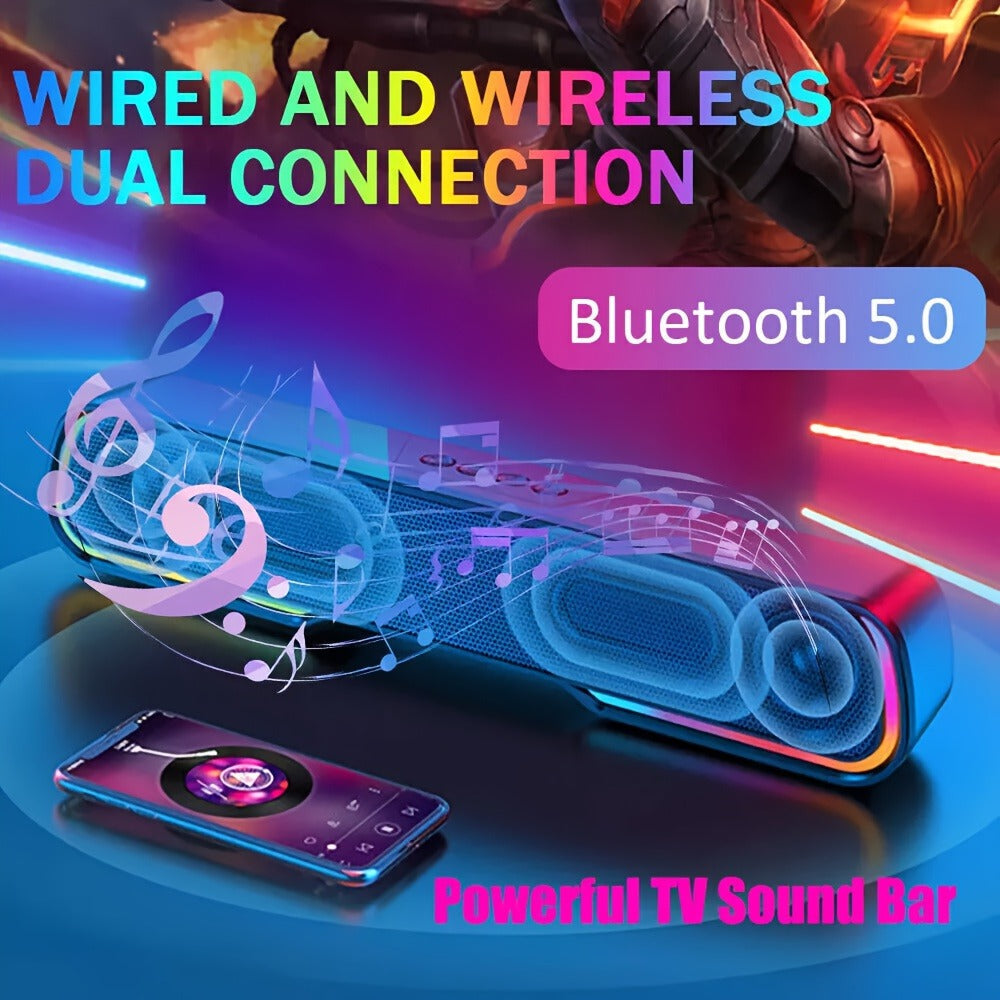 HiFi Soundbar with Subwoofer and RGB Lights, Bluetooth 5.0 Home Theater Speaker, FM Radio TF Card USB AUX TWS, Surround Sound for TV PC Laptop Gaming Console Smartphone Tablet