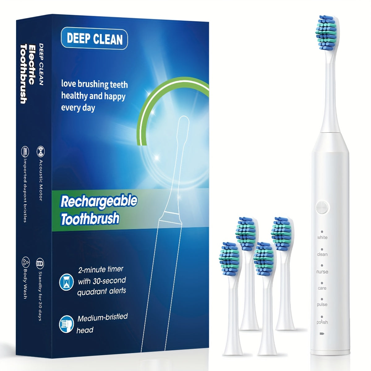 Rechargeable Toothbrush – 6 Cleaning Modes, 500mAh Lithium Battery, USB Charging, Soft Bristles, 4 or 8 Brush Heads, Black White Pink Electric Toothbrush for Adults Deep Clean & Whitening
