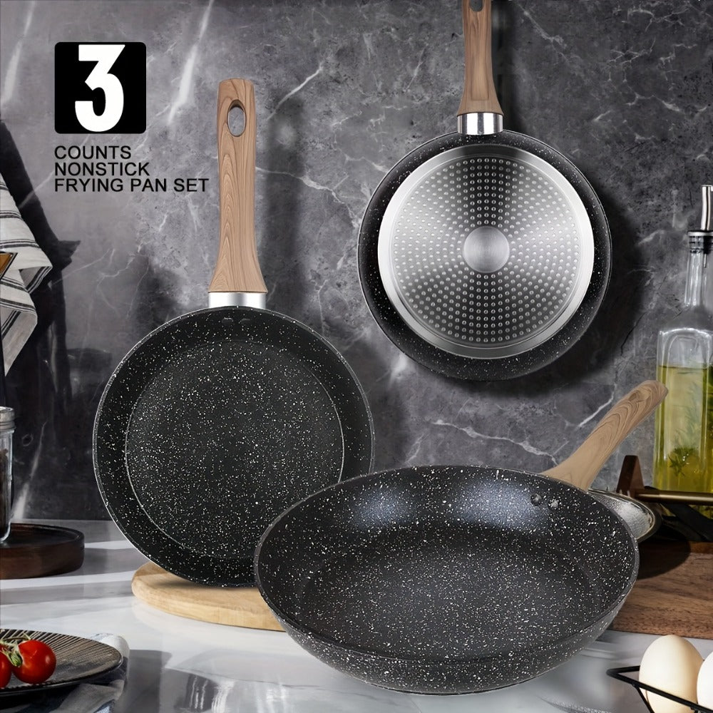 Non-Stick Frying Pan Set 3-Piece 7 9.5 11 Inch – Dishwasher Safe Skillet Set with Insulated Handle | Induction Compatible Home Kitchen Pans in Beige Grey & Black | Durable Even-Heating Cookware