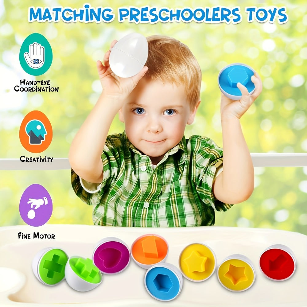 Color & Shape Matching Eggs Toy for Toddlers – Montessori Sorter Puzzle Set, Sensory Early Learning Fine Motor Skills Toy, Travel Game & Easter Basket Gift for Preschool Boys & Girls (Random Colors)