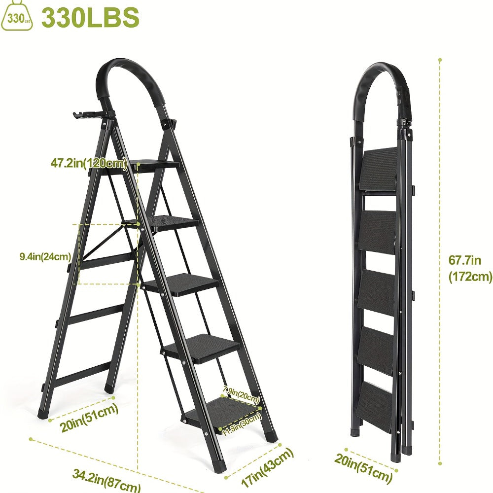 Folding Step Ladder 3 / 4 / 5 Step with Anti-Slip Pedal & Tool Tray – 450 LBS Capacity Portable Steel Step Stool for Adults, Home, Kitchen, Library & Office Use – Red & Black Options