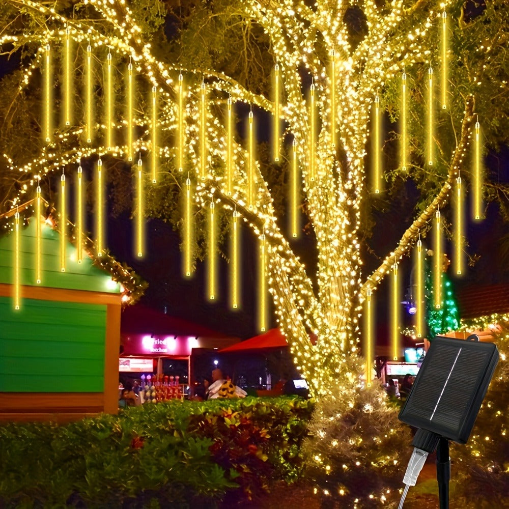 Solar Meteor Shower String Lights 192 LED Flower Theme - Outdoor Hanging Tree Lights Touch Control Warm Multi Color Blue for Garden Courtyard Christmas Halloween 4th of July Wedding Decoration