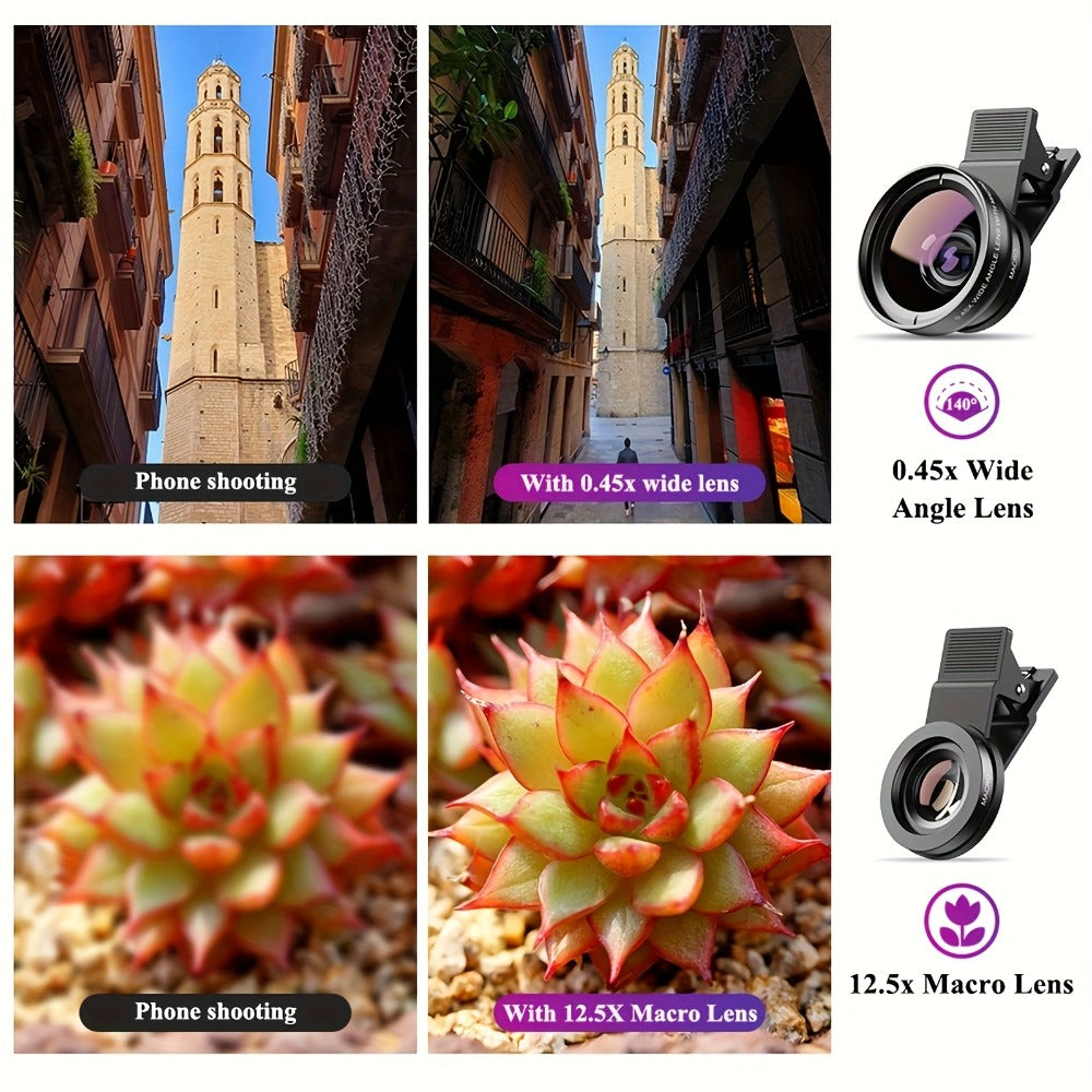 Clip-On Phone Lens Kit 2-in-1 – 0.45x HD Wide Angle & 12.5x Super Macro Lens for iPhone & Android, Universal Smartphone Camera Upgrade for Travel, Nature & Content Creation
