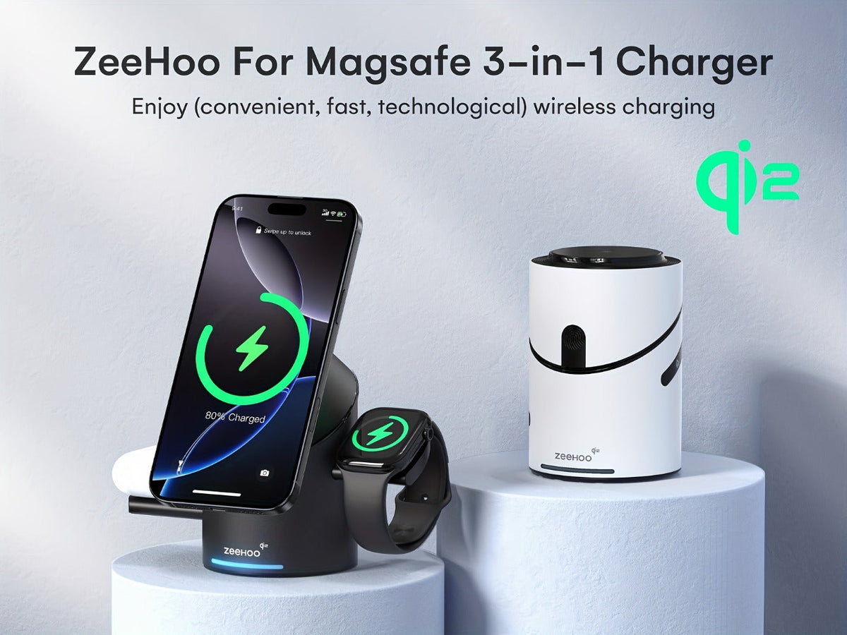 Qi2 3-in-1 Wireless Charging Station 15W ZEEHOO CylinTrick-R Cylindrical Rotating Magnetic Stand Hidden Pop-Up Charger Touch Activated for iPhone 17 16 15 14 13 12 Pro Max, Apple Watch Ultra Series 10 9 8 7 SE, AirPods 4 3 2 Pro – White Black