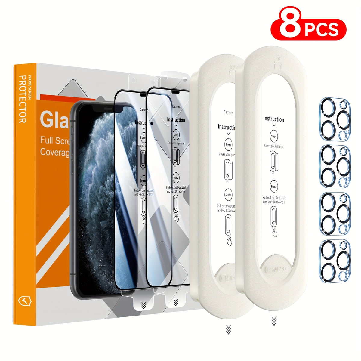 9H Tempered Glass Screen Protector for iPhone 8-Pack with Alignment Tool – 4 Screen + 4 Camera Lens, HD Clear, Bubble-Free, Case Compatible, iPhone 16 Pro Max / 15 / 14 / 13 / 12 / 11 Series