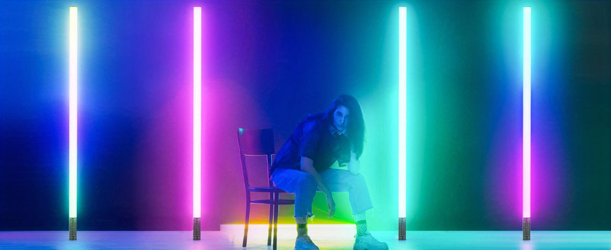 RGB Tube Floor Lamp 360° with Stand – App & 24-Key Remote Music Sync 16 Million Colors Dimmable Timer Mood Light for Bedroom Gaming Room DJ Studio Dance Club Party – 1/2 Pack