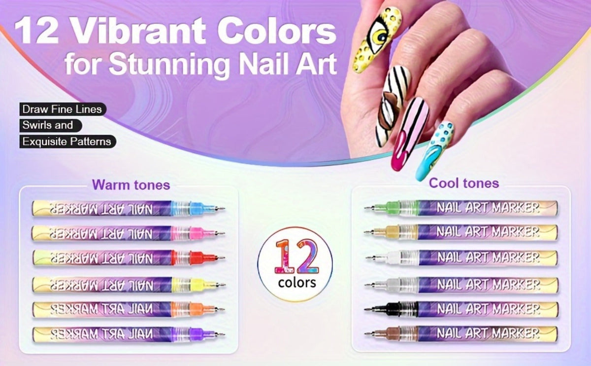 Nail Art Pens 12 Colors Quick Dry 3D Graffiti & Detail Brush Set – Ultra-Fine Precision Drawing Pen Kit for DIY Nail Design, Salon & Home Use, Vibrant Long Lasting Ink